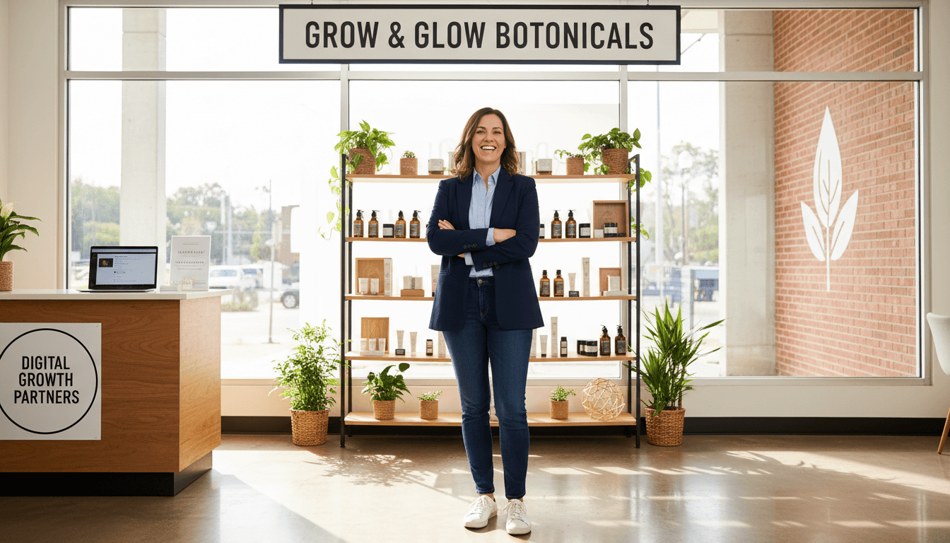 Small business owner standing proudly in front of their newly opened storefront, arms crossed, genuine smile