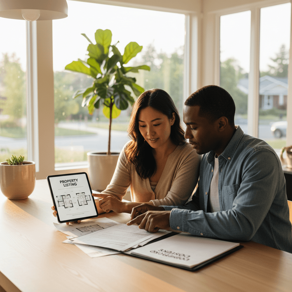 Couple reviewing home purchase documents with a consultant