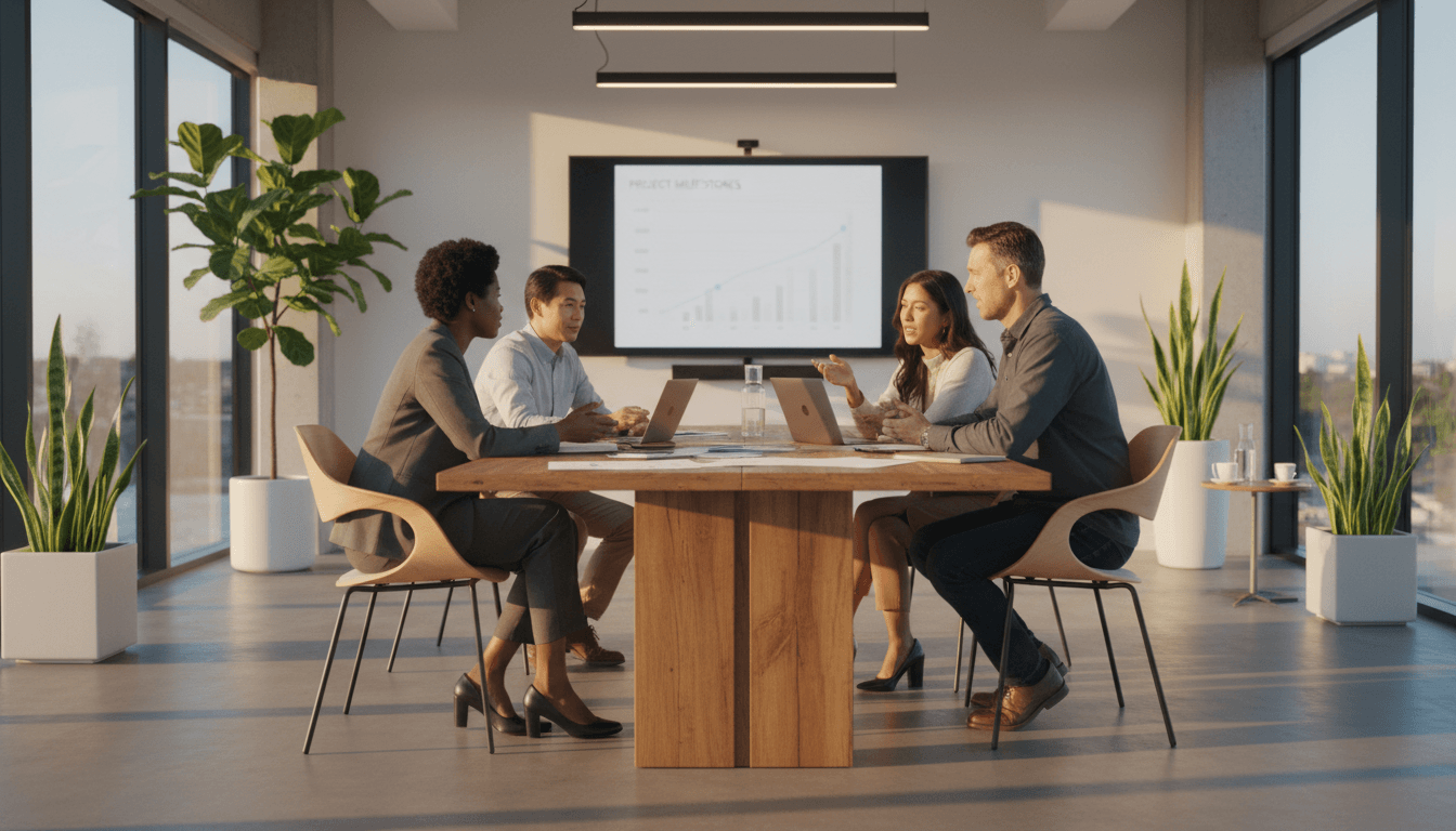 Two people in a warm, naturally lit meeting room having a conversation across a wooden table