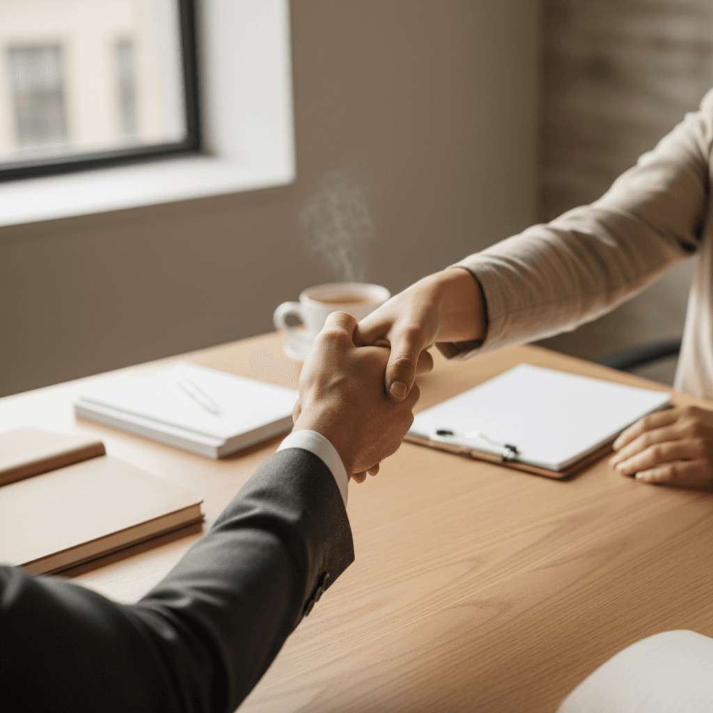 Consultant and client having a relaxed conversation at a table