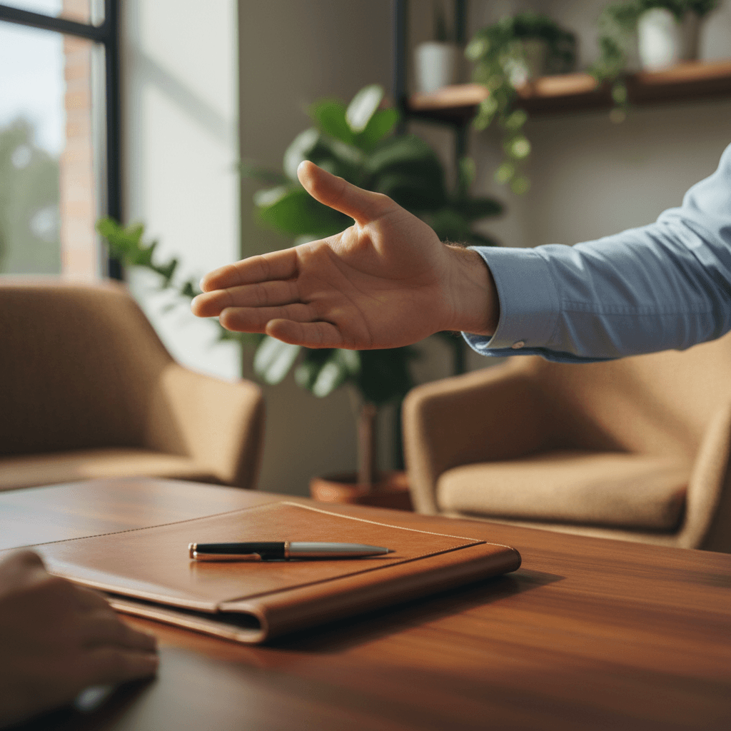 Consultant and client shaking hands in a bright office