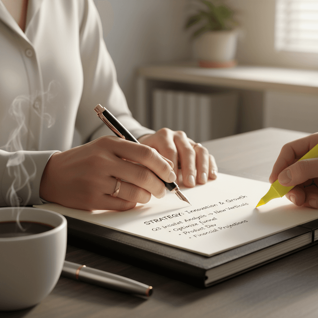 Consultant sketching a practical plan on a notepad
