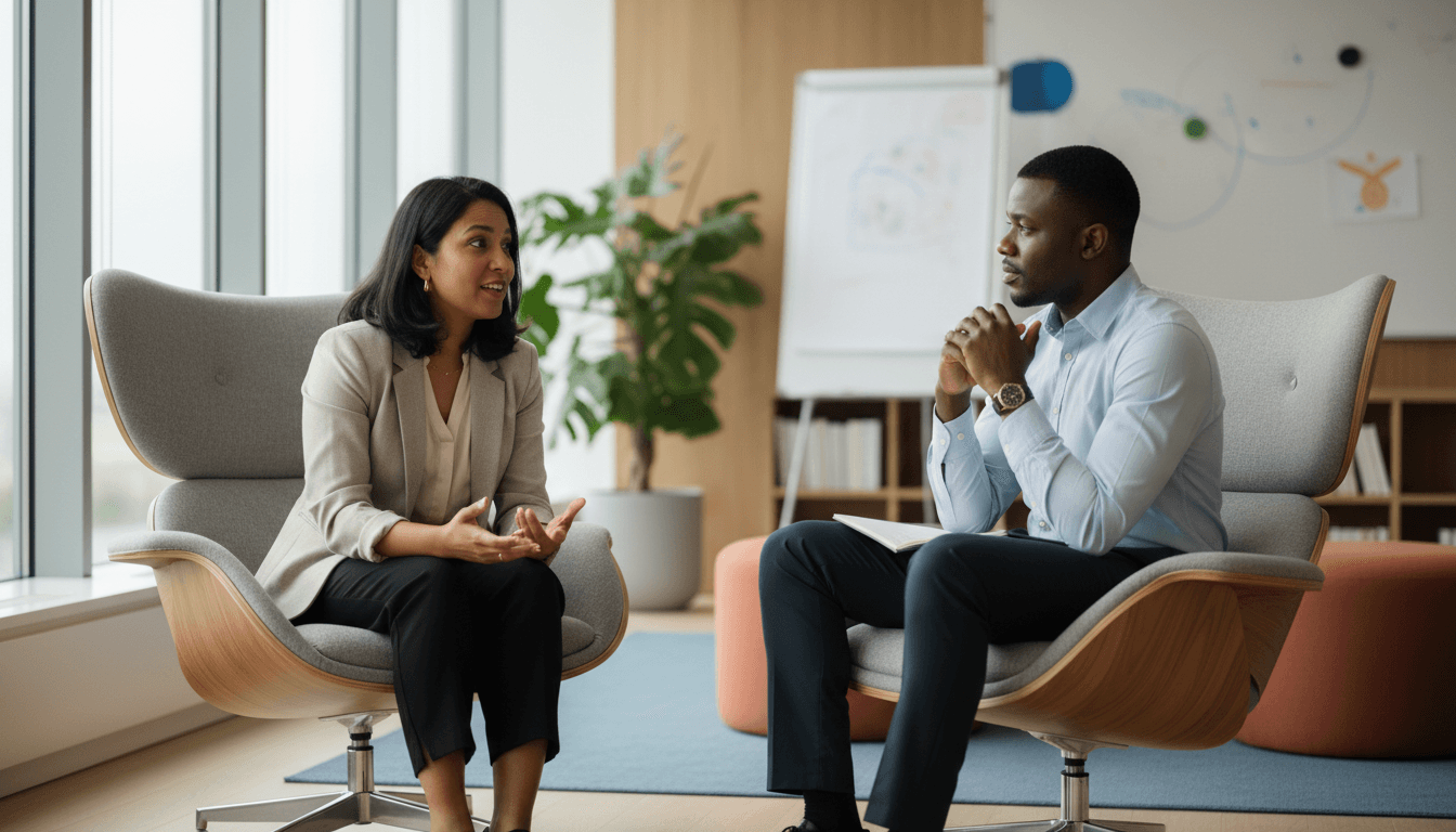 Two professionals engaged in focused one-on-one coaching conversation in well-lit contemporary office space