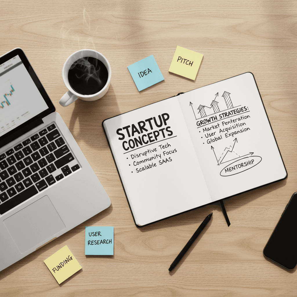 Overhead view of startup planning notes, laptop, and sketches on a wooden desk with coffee