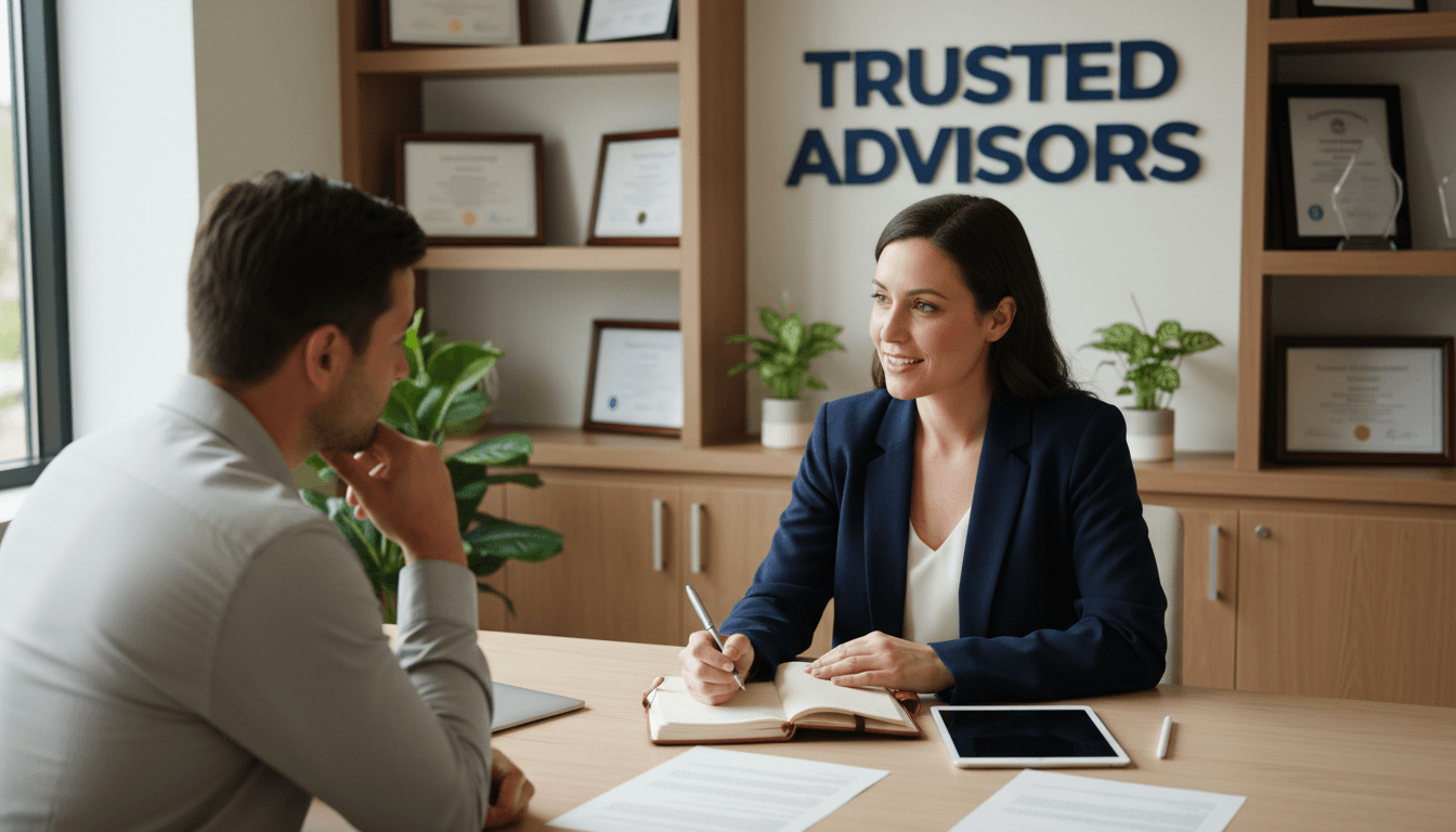 Consultant and client having a planning conversation at a wooden table