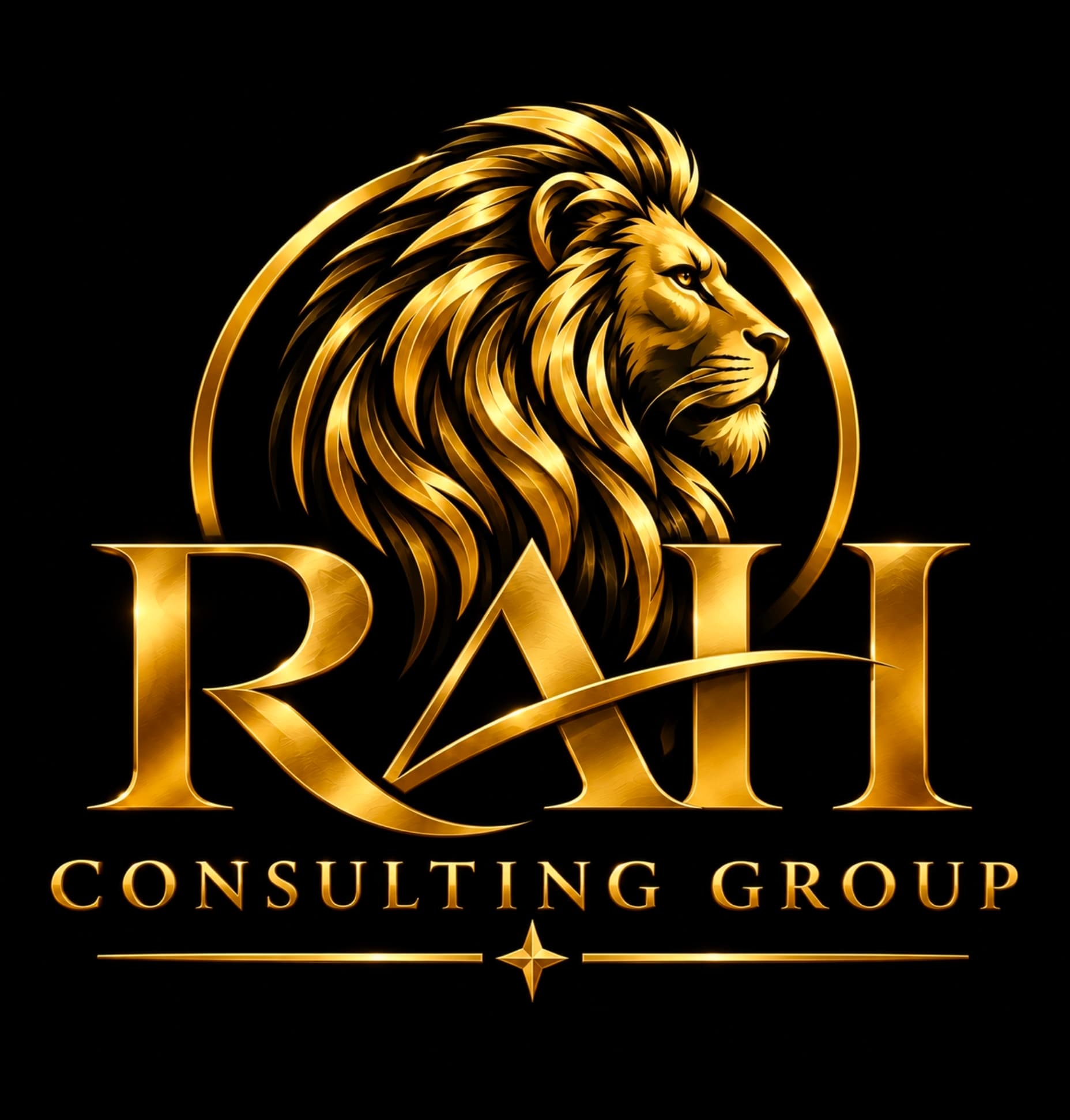 Majestic golden lion profile logo above RAH Consulting Group text on a black background.